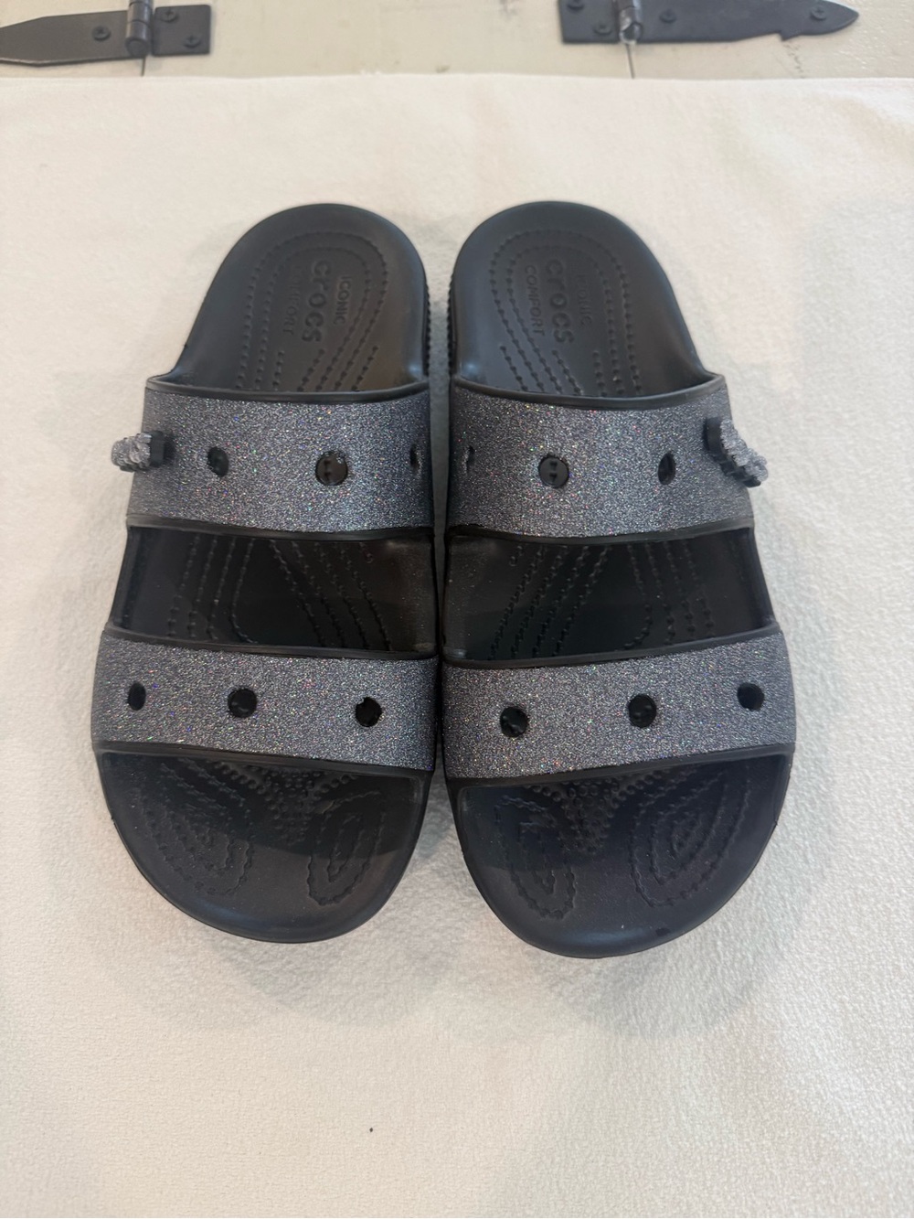 Women’s Glitter Crocs Slide Sandals - Black/Silver